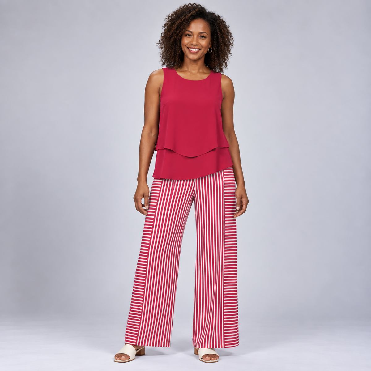 Nomvula | Pink Solid Top and Striped Pants Combination