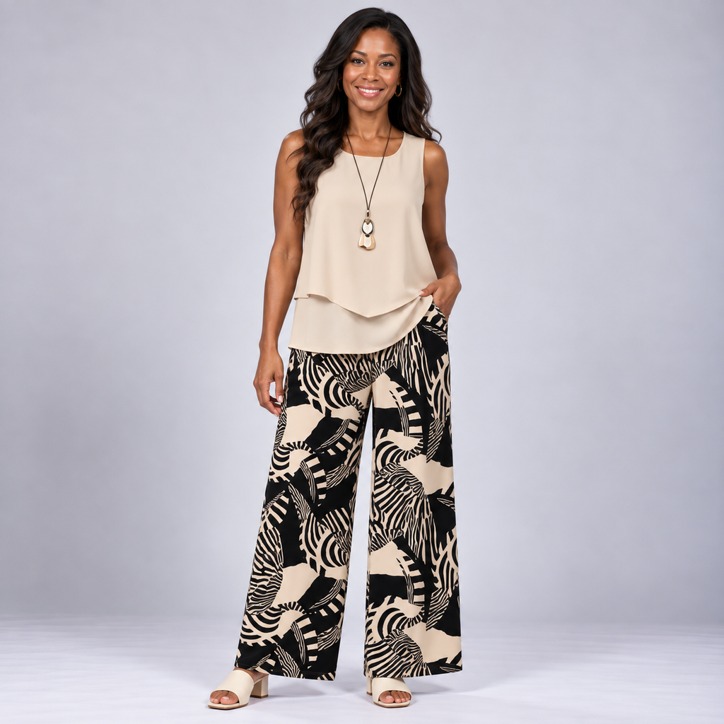 Wangari | Beige Blouse and Botanical Print Pants Set