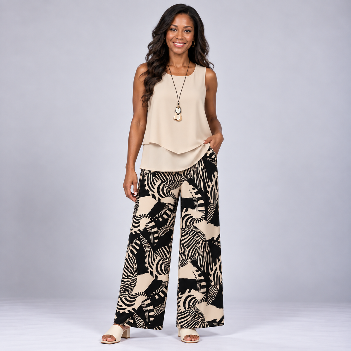 Wangari | Beige Blouse and Botanical Print Pants Set