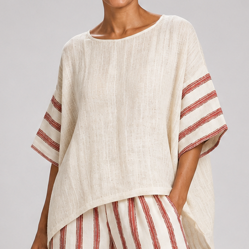 Amina | Elegant Rustic Striped Top and Cream Trousers