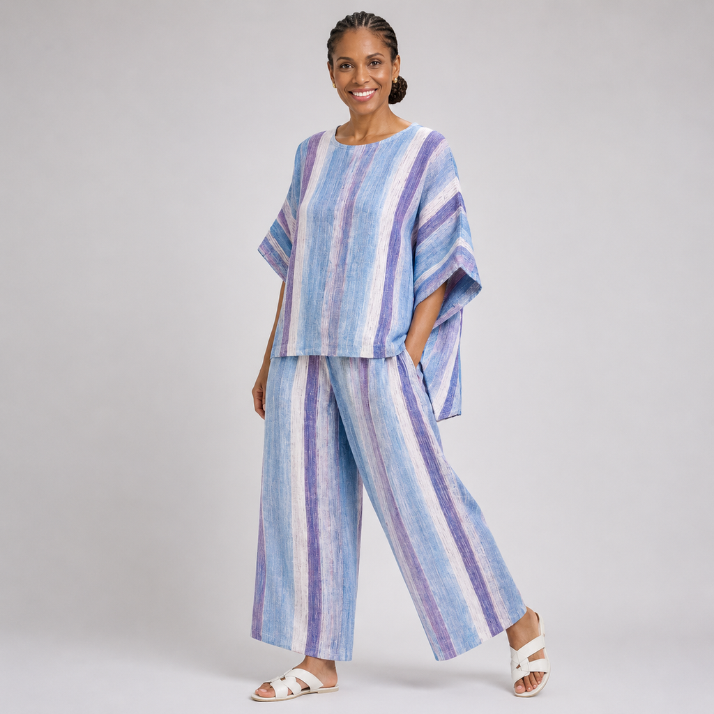 Chioma | Elegant Pastel Mauve Top and Striped Trousers