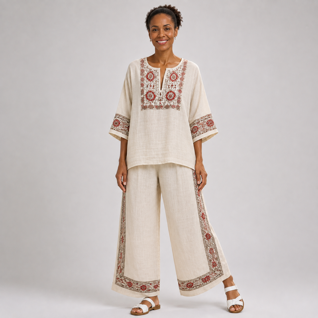 Fatima | Essential Embroidered Blouse and Wide-Leg Trousers
