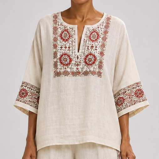 Fatima | Essential Embroidered Blouse and Wide-Leg Trousers