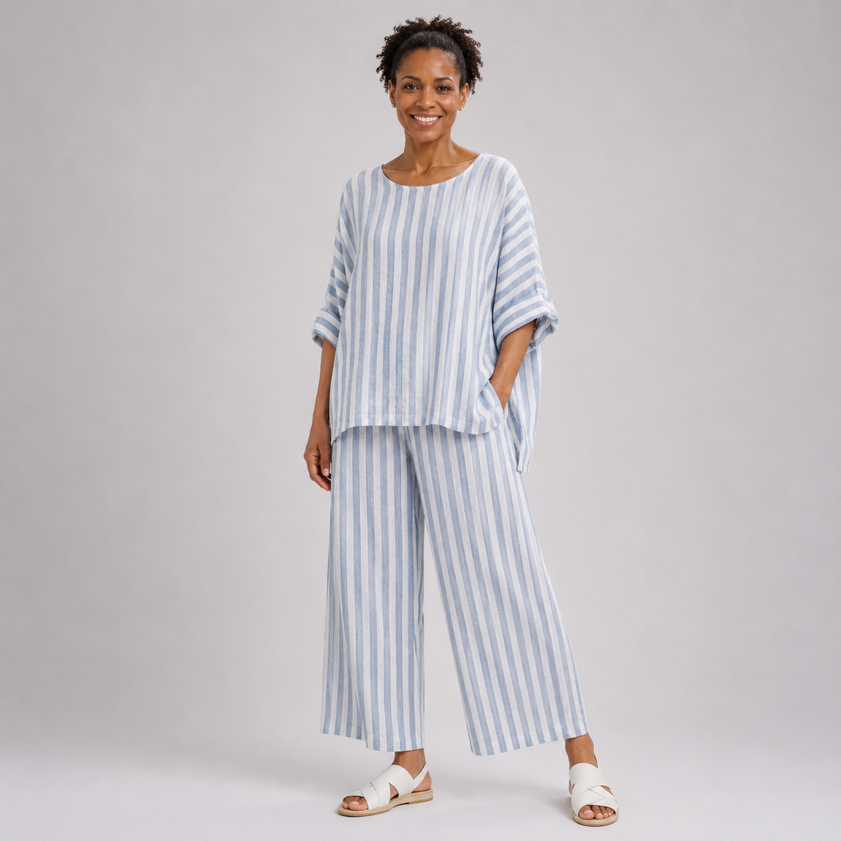 Imani | Sophisticated Blue Striped Top and Relaxed Trousers