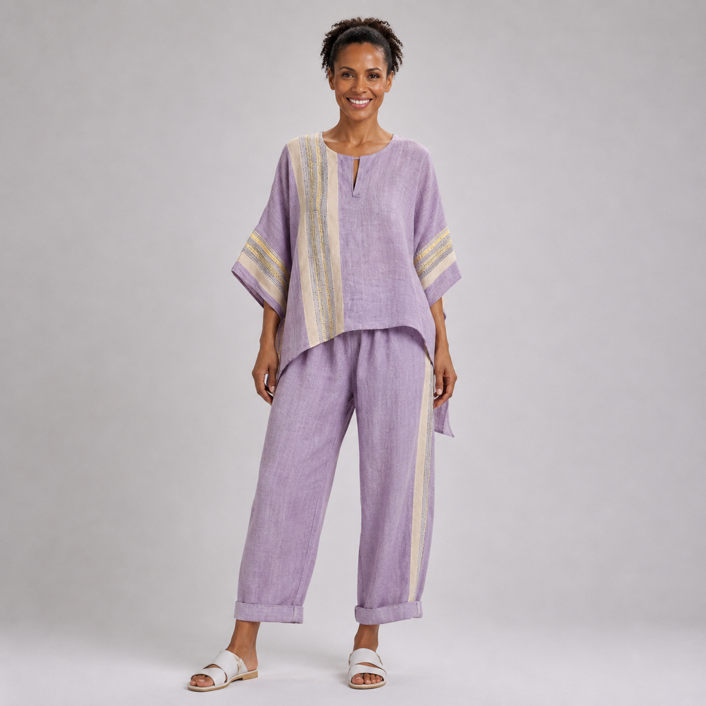 Jada | Elegant Lavender Top and Mustard Striped Trousers