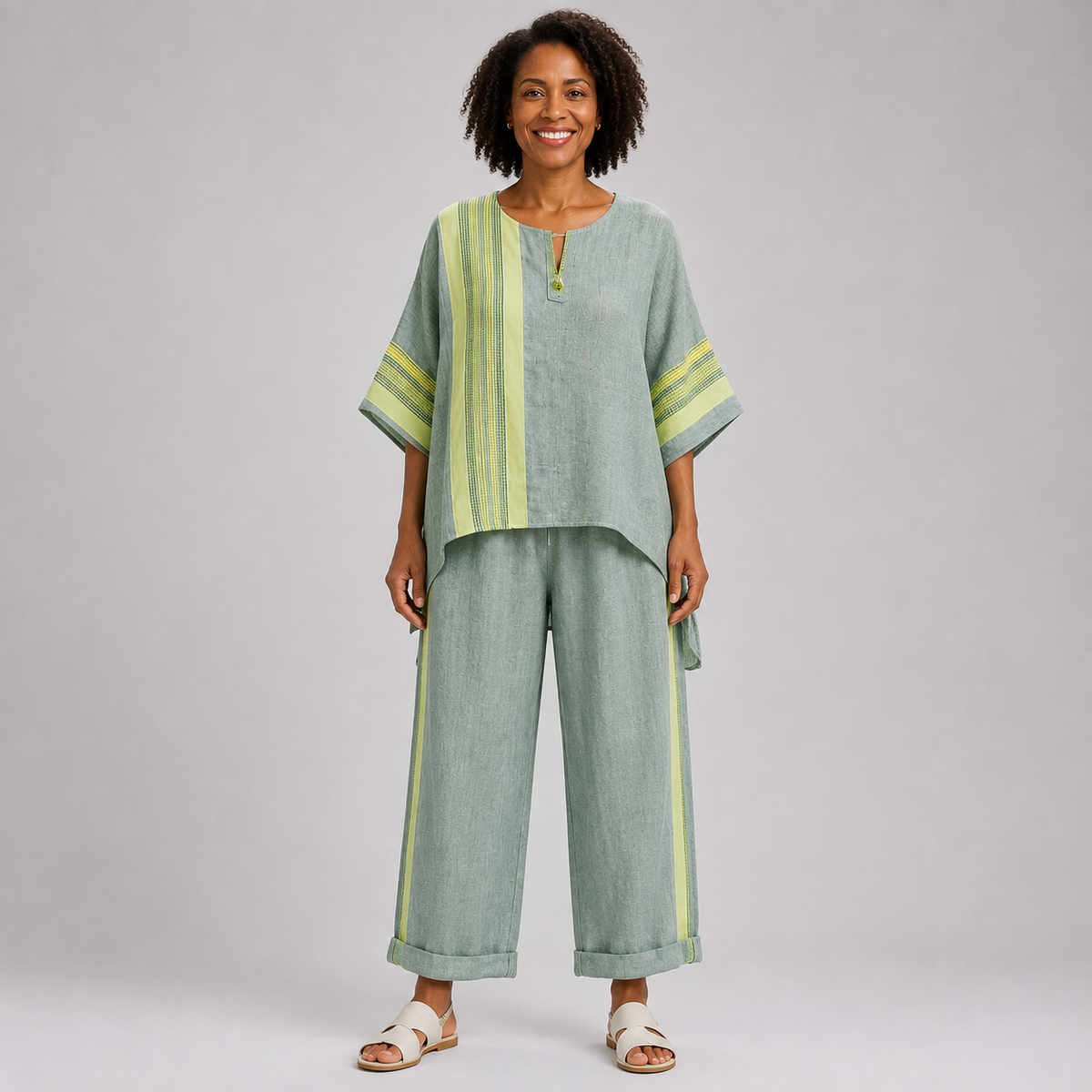 Jada | Elegant Lavender Top and Mustard Striped Trousers