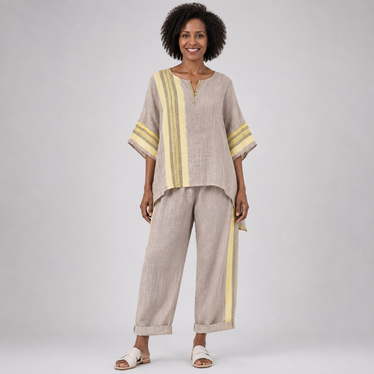 Jada | Elegant Lavender Top and Mustard Striped Trousers