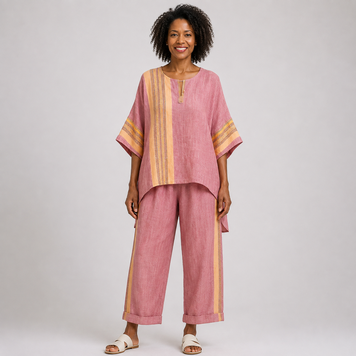Jada | Elegant Lavender Top and Mustard Striped Trousers