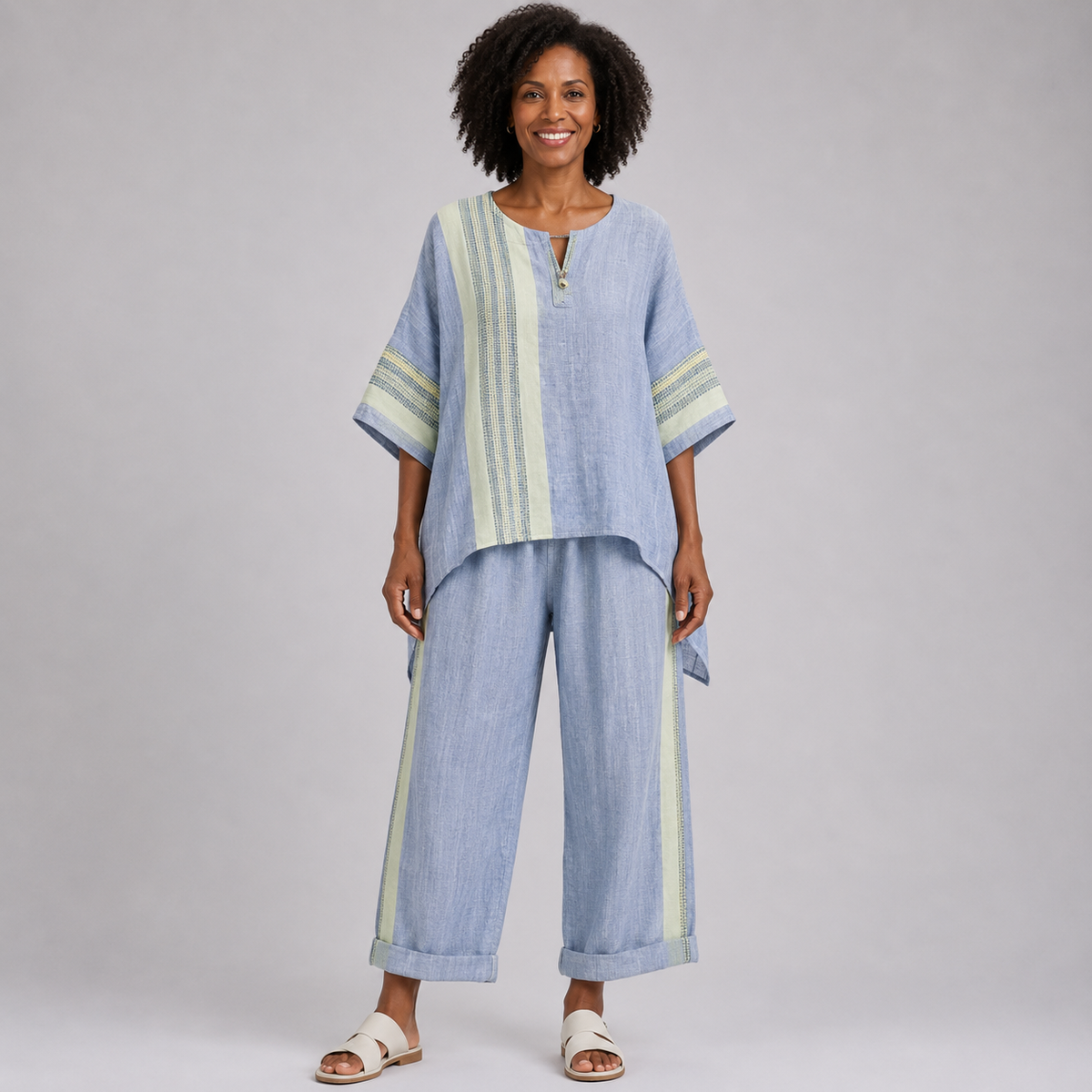 Jada | Elegant Lavender Top and Mustard Striped Trousers