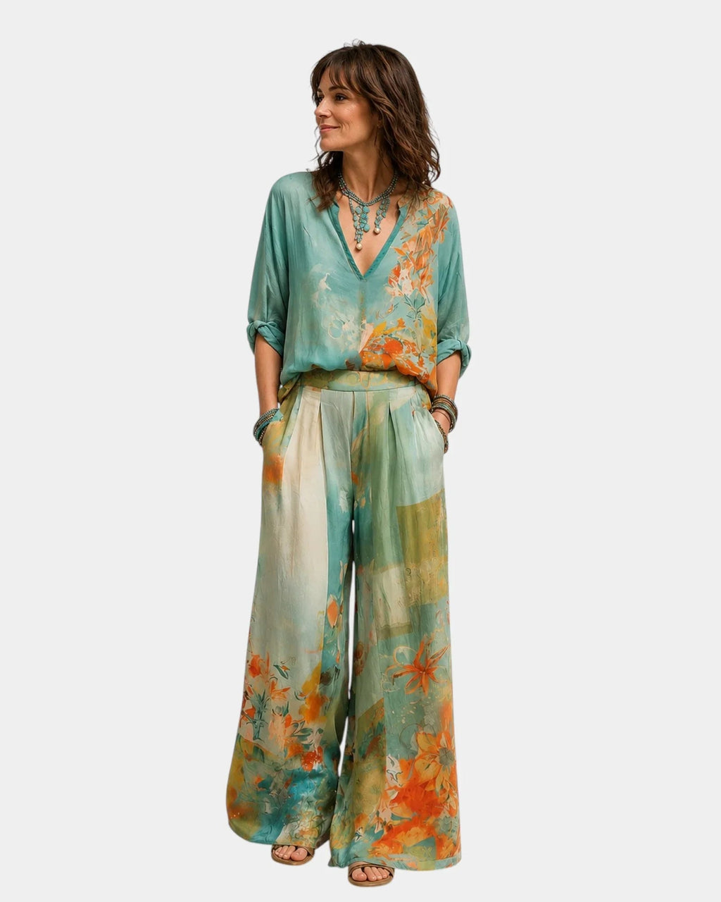 Fatima Rose | Elegant Set Floral Print and Wide-Leg Trousers