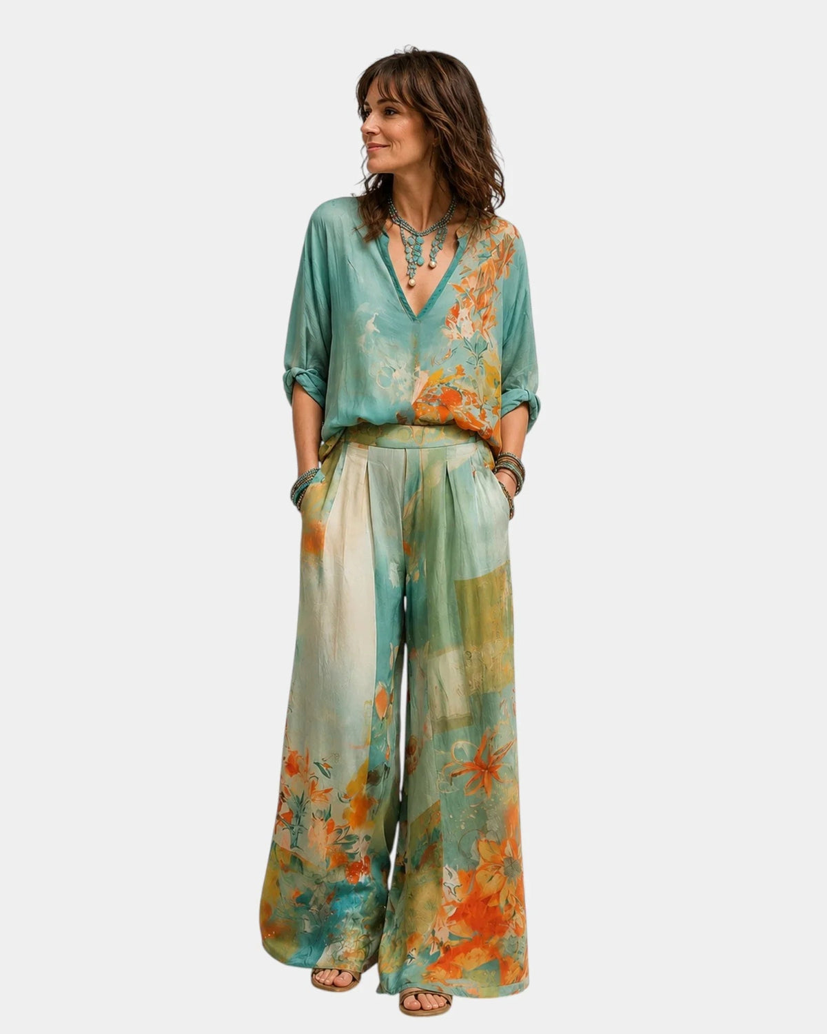 Fatima Rose | Elegant Set Floral Print and Wide-Leg Trousers