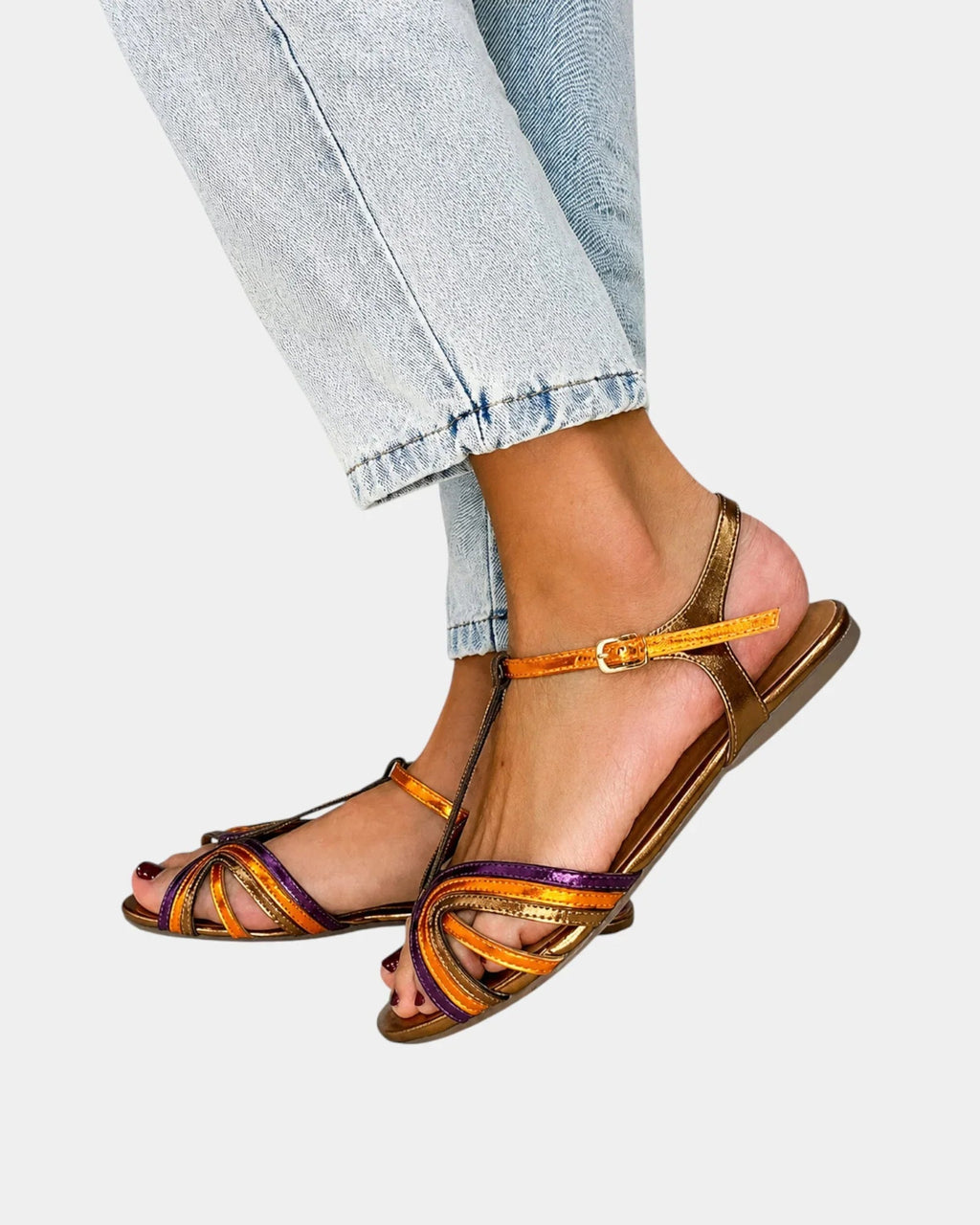 Danai Grace | Gold Sandals with Buckle and Multicolour Strap